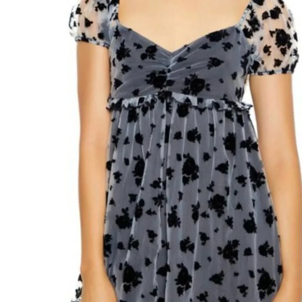 NWT Flocked Floral Babydoll Mini Dress sz M - Picture 2 of 3